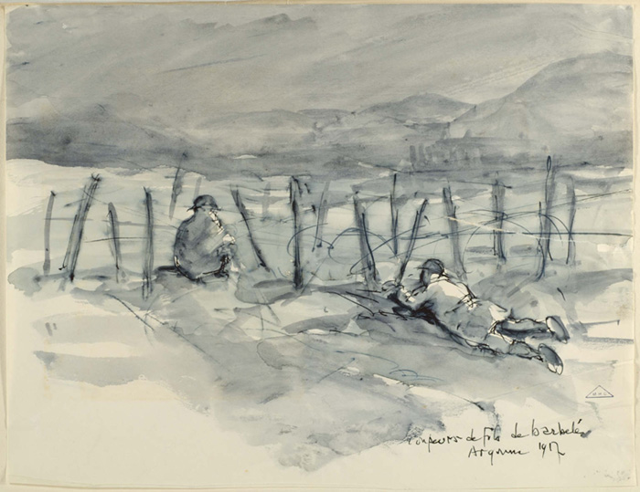 Soldiers repairing barbed-wire. Argonne, 1917. Henry Camus.