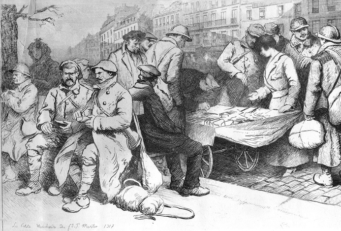 Furloughmen outside a soldier's buffet in the Paris suburb of St. Martin. Le Blant, 1917.