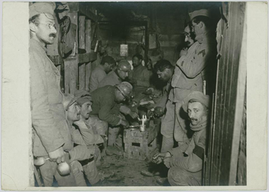 Troops resting in a bunker. 