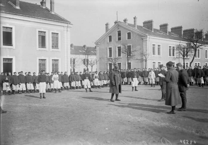 Class of 1917 recruits in training at Reuil. They wear the uniform of a zouave unit.