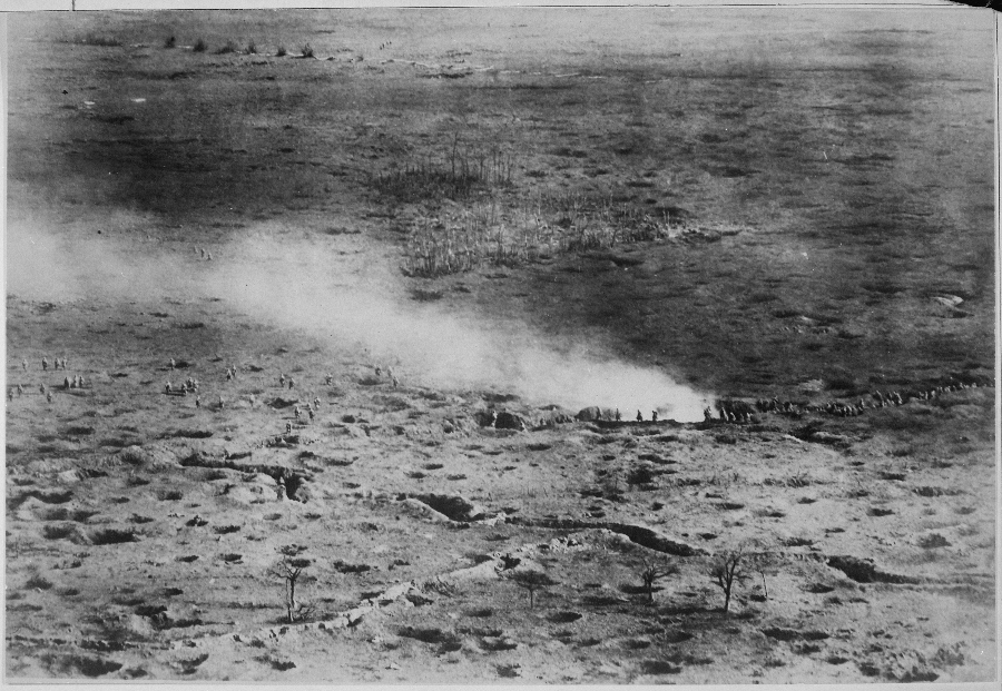 French assault waves can be seen in this aerial combat photo taken over the Somme battlefield in 1916. 