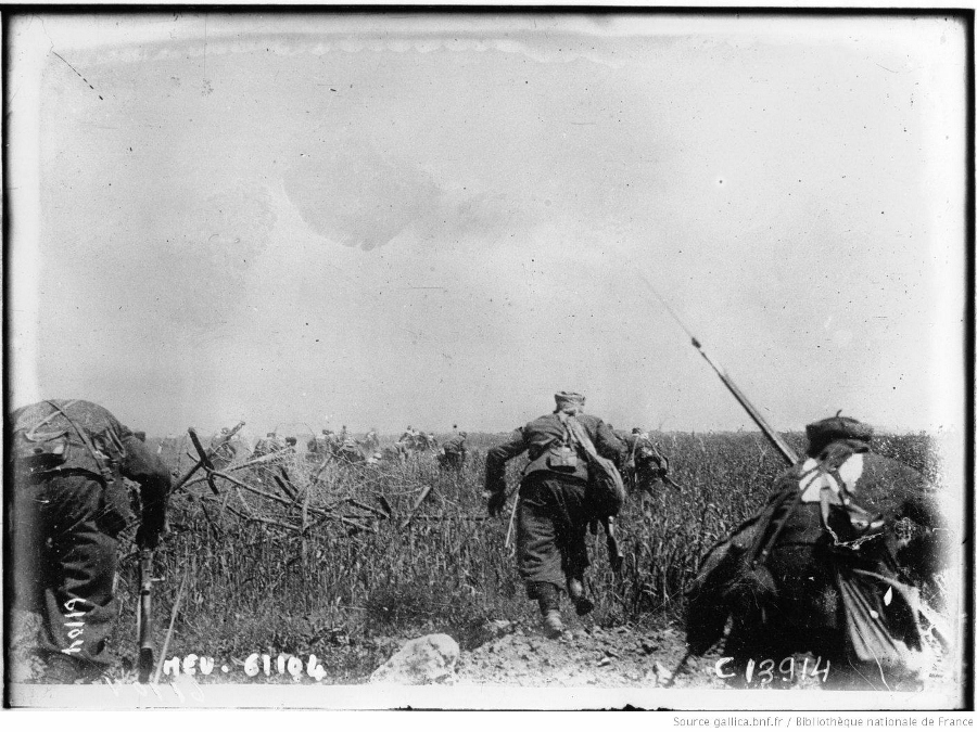 An actual combat photo of zouaves advancing under fire in 1918. 