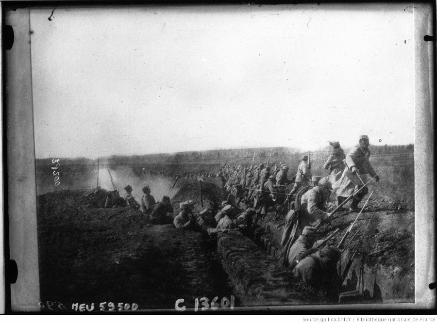 French troops go over the top in 1915.