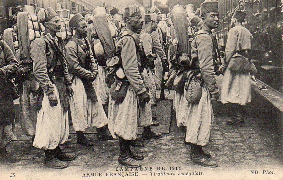 The general term of Senegalese tirailleurs is used for the indigenous French zouaves, likely Moroccan or Algerian.