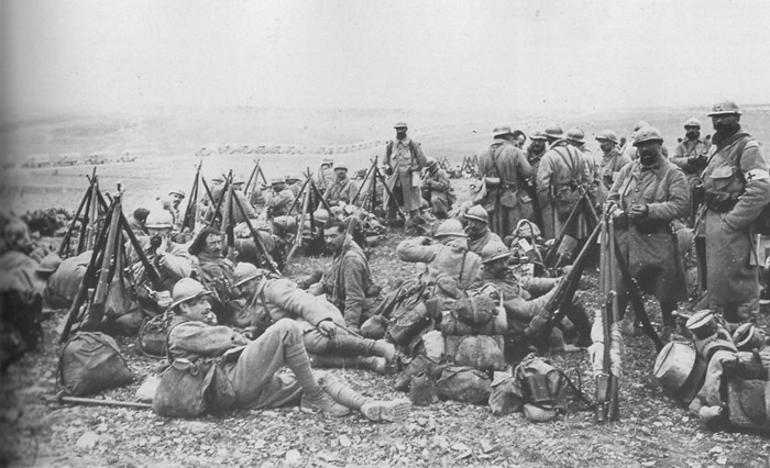 A unit waits to move up to Verdun along the Voie Sacree, 1916.