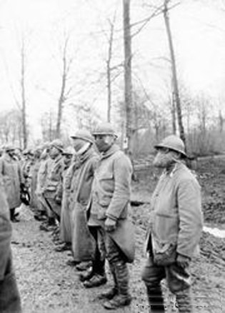 A group of me lined up for mask inspection, 1916.