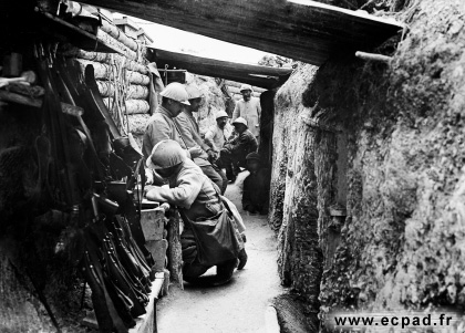 Soldiers at rest in a communication trench in Vidalet Wood, Marquises Farm sector, 4 June 1916.