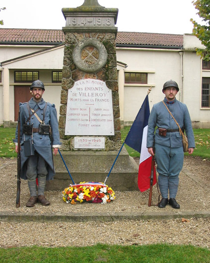 Jean Contamine stands with Arnaud Convard of the Poilu de la Marne, Remeberance Day ceremony at the Memorial to the Dead, in Villeroy, France (Marne), November 11, 2004. 
