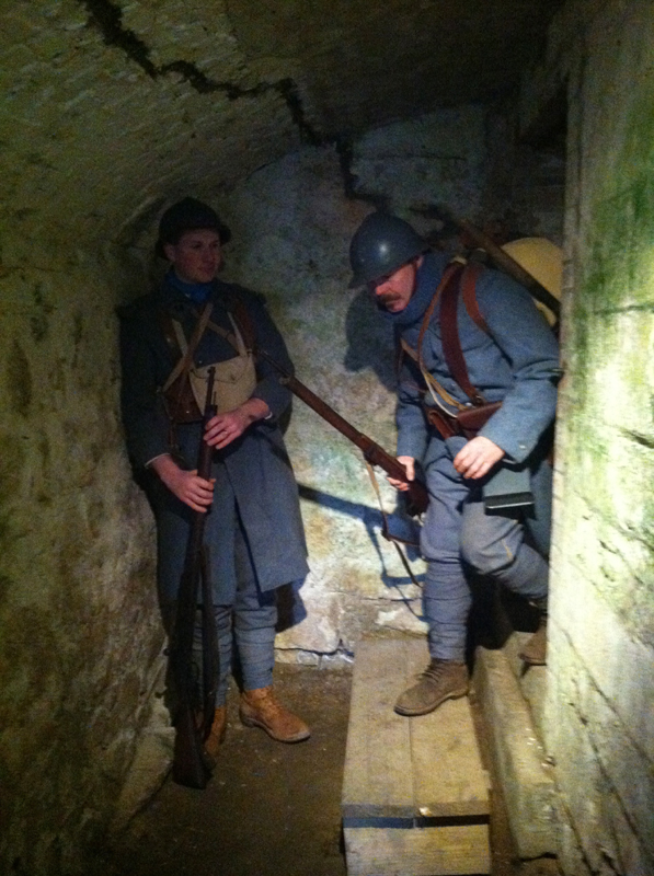 Sdt. Cardet and Sdt. Rouland in a subterranean passage at Fort Mifflin, March 2013.