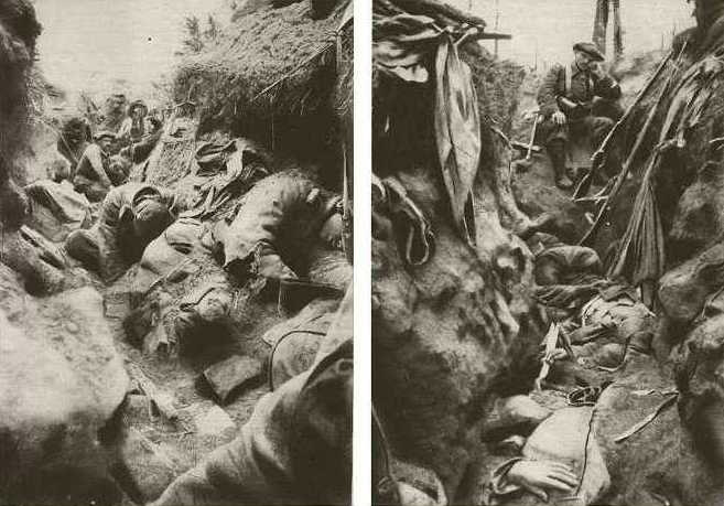Chasseurs looks on a morbid scene after having conquered a German trench at Le Linge, Vosges.